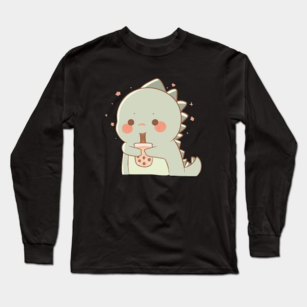 Cute bobaholic dinosaur Long Sleeve T-Shirt by Artist usha